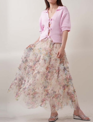 Floral Print Midi Tulle Mesh Skirts DP25C834
