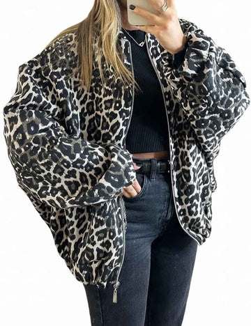 Vintage Leopard Print Zip-Up Winter Jacket DP25G995