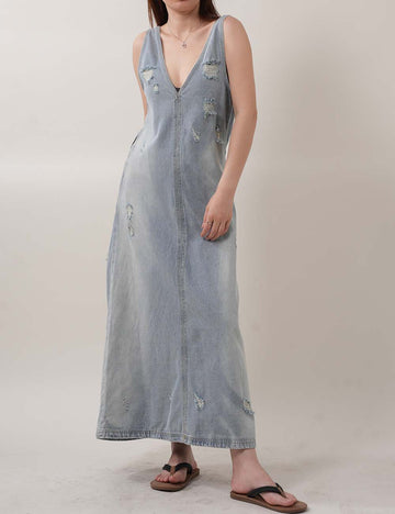 Ripped Washed Sleeveless V-Neck Denim Midi Dresses DP25C426