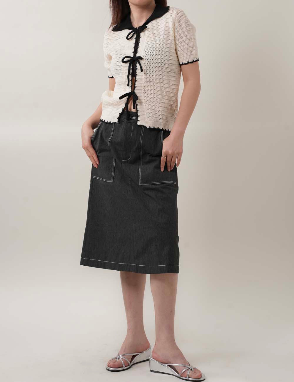 Color Block Bow Front Short Sleeves Knit Top DP25C441