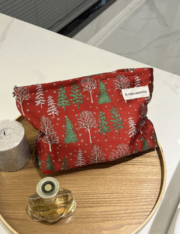 Red Christmas Tree Snowflake Print Cosmetic Bag DPB1017