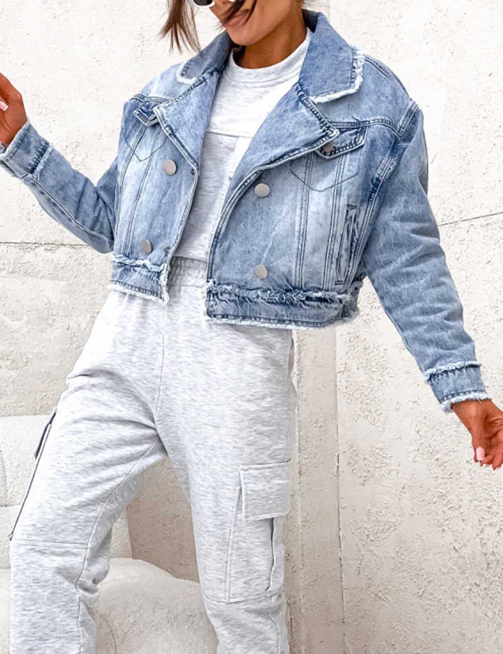 Denim Washed Lapel Collar Frayed Hem Jacket DP25E836