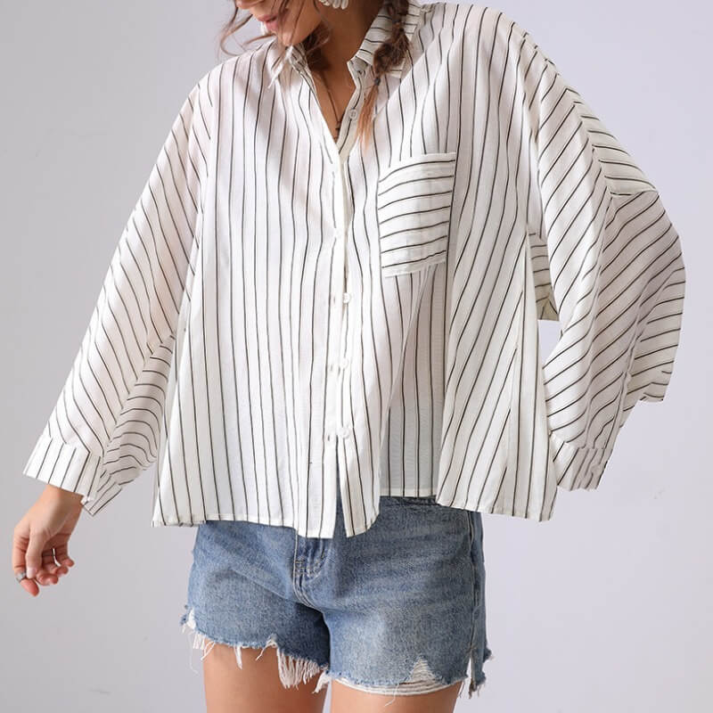 Casual Striped Lapel Collar Batwing Sleeve Top DP25D889