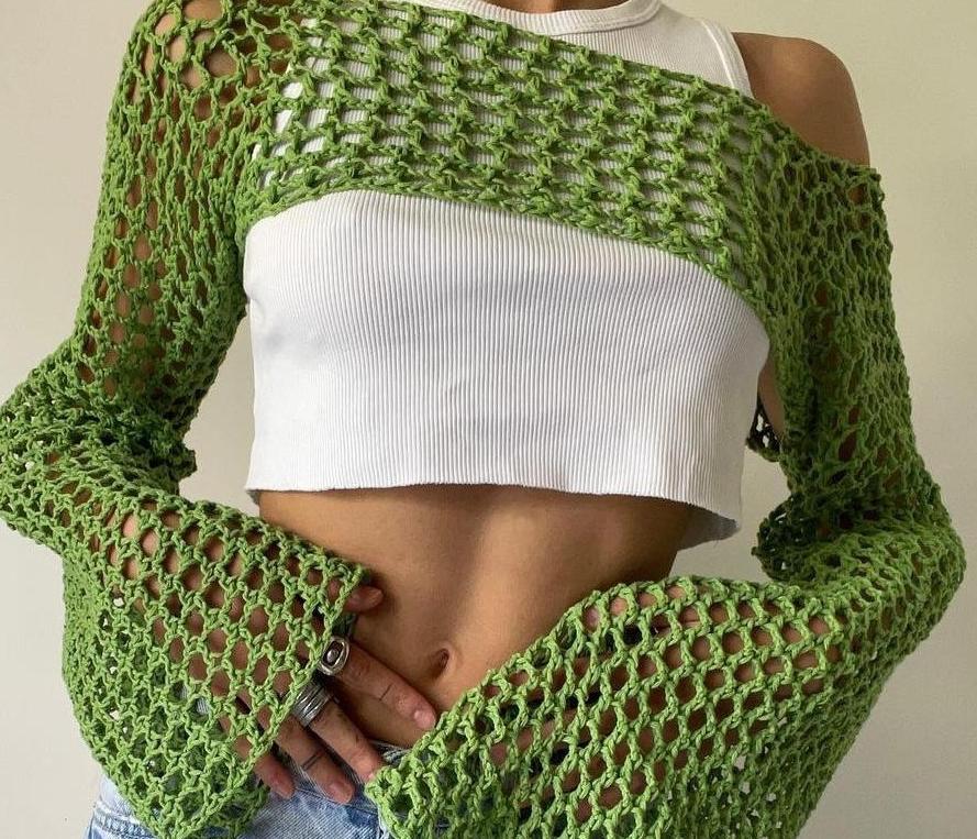 Casual Flare Sleeve Mesh Short Net Top DP25B717