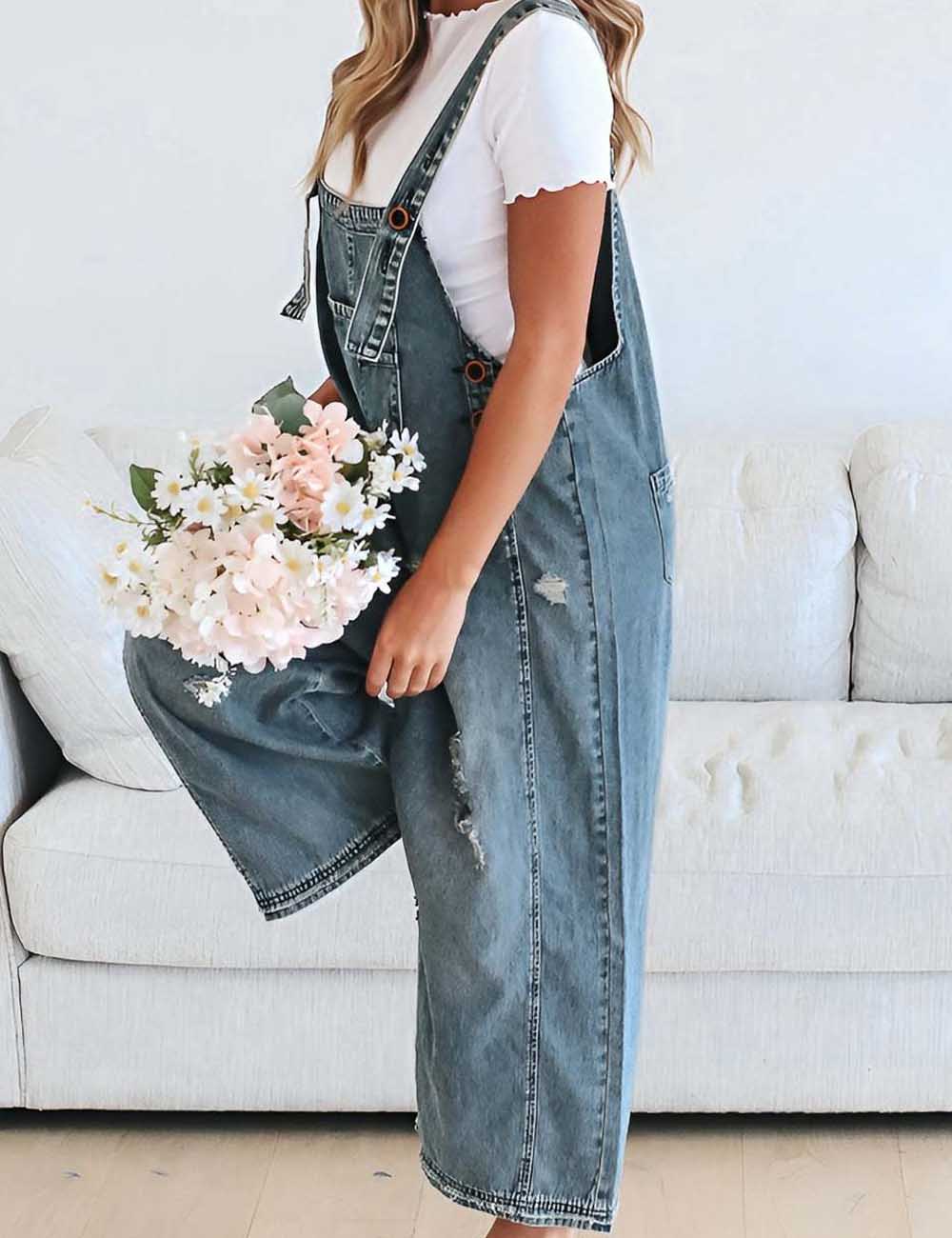 Distressed Rippd Loose Wide Leg Bib Overalls DP25G676