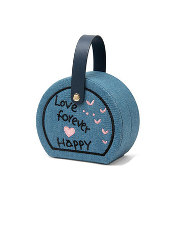 Denim Heart Embroidered Jewelry Box with Handle DP25F859