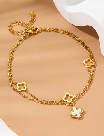 Trendy Four Leaf Clover Layered Chain Anklet 8ZA6JAB14