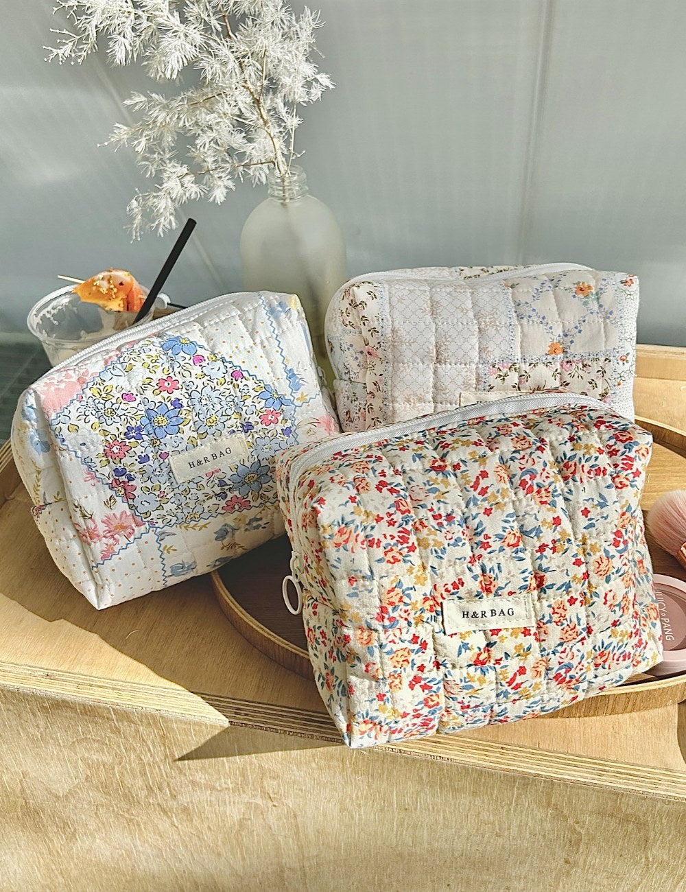 Floral Print Plaid Portable Cosmetic Bag DPB1015