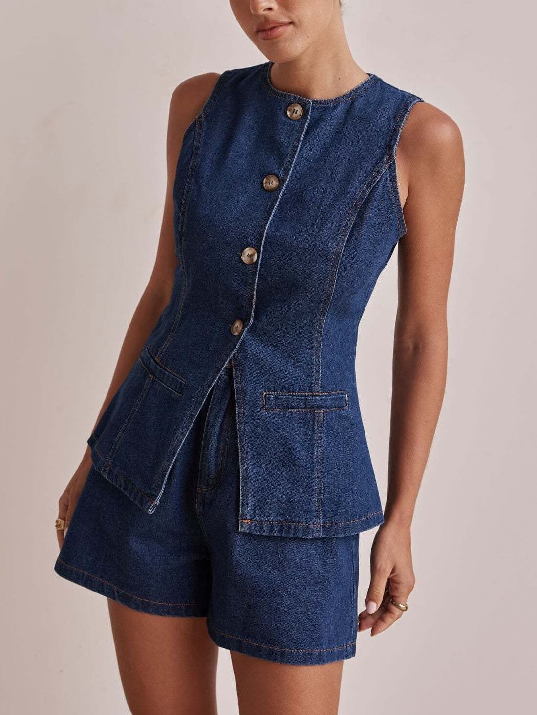 Sleeveless Button Vest Short Denim Set DP25B836