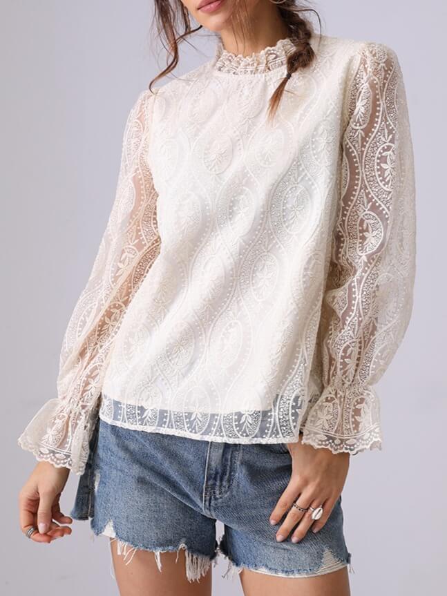 Trendy Hollow Out Embroidered Long Sleeve Top DP25D888