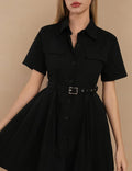 Lapel Button Waist Tie Dress - DippedShop Wholesale - #5875
