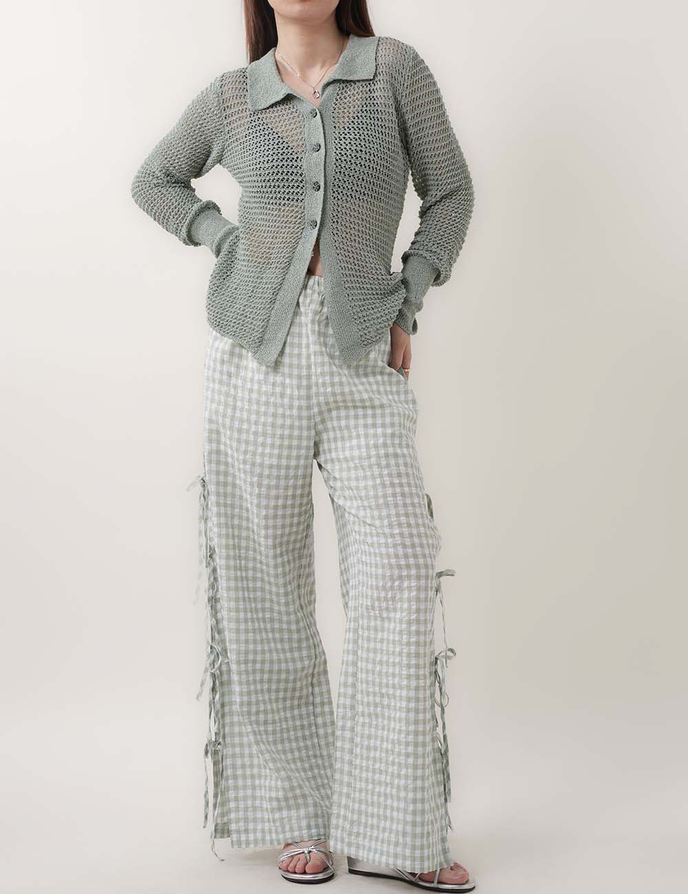 Bow Side Split Plaid Casual Pants DP25B842