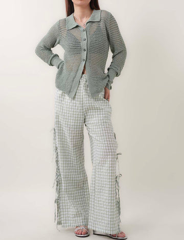 Bow Side Split Plaid Casual Pants DP25B842