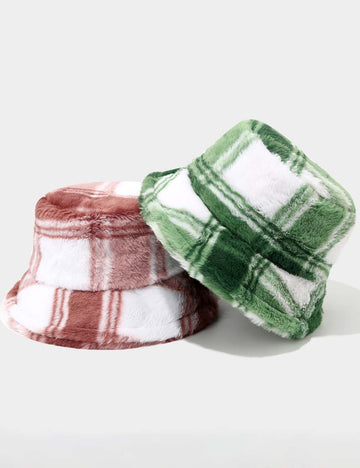 Color Block Plaid Soft Fleece Bucket Hat DP25F653