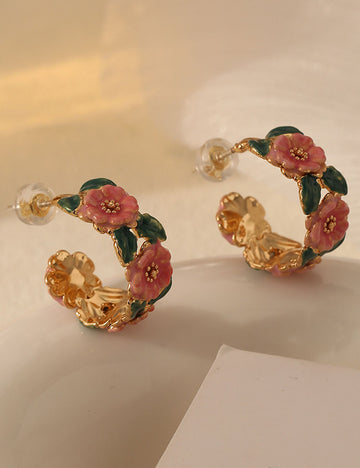 Vintage Camellia Enamel Drip Glaze Hoop Earrings DP25E735
