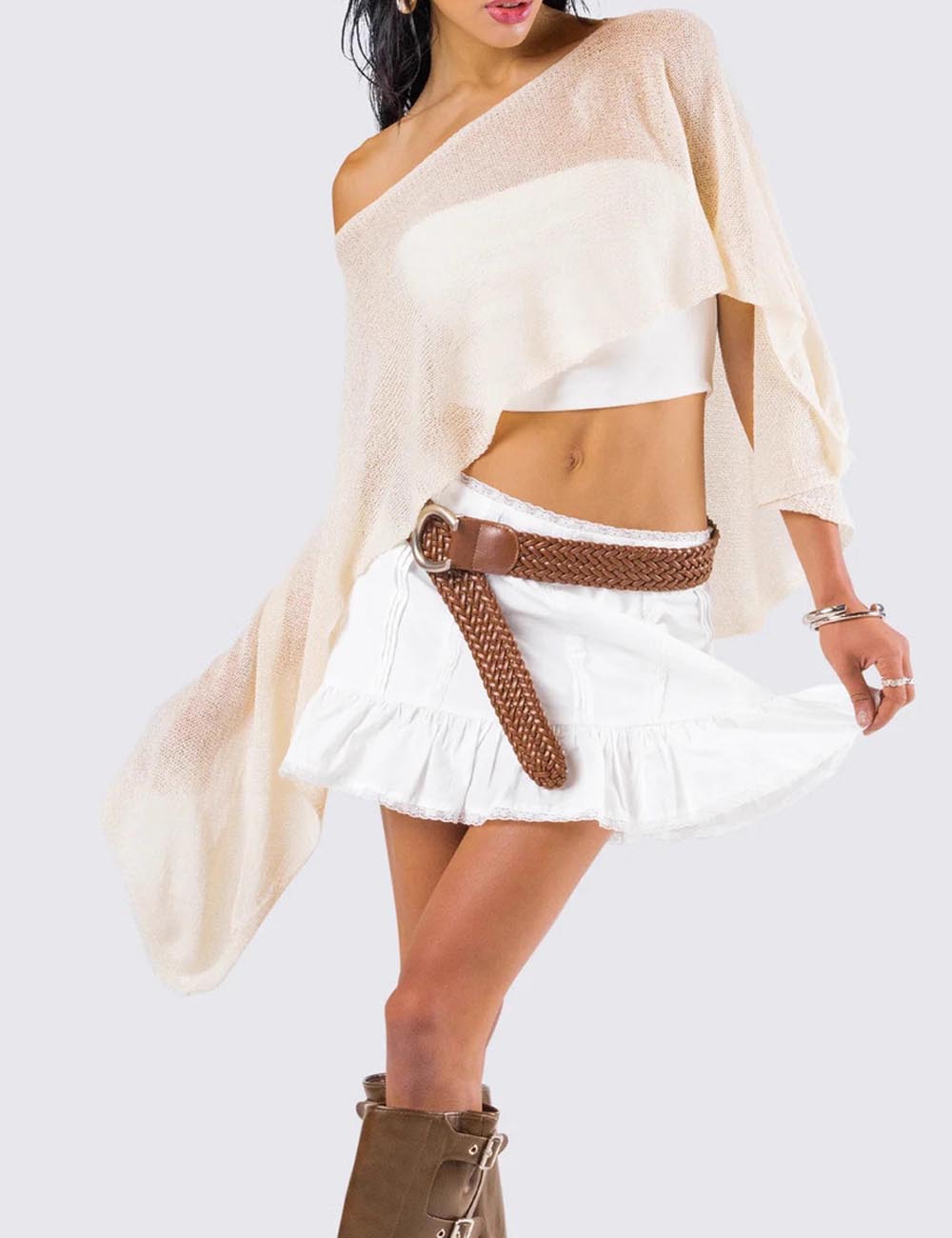 Solid Color Asymmetrical Shoulder Knit Top DP25F506