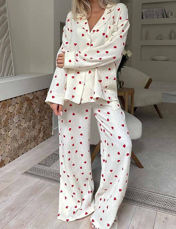 Heart Print Lounge Button Up Pajamas Set DP25F878