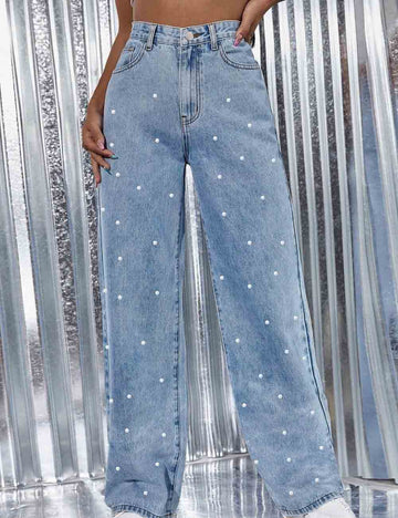 Casual Pearl High Waist Baggy Denim Pants DP25G906