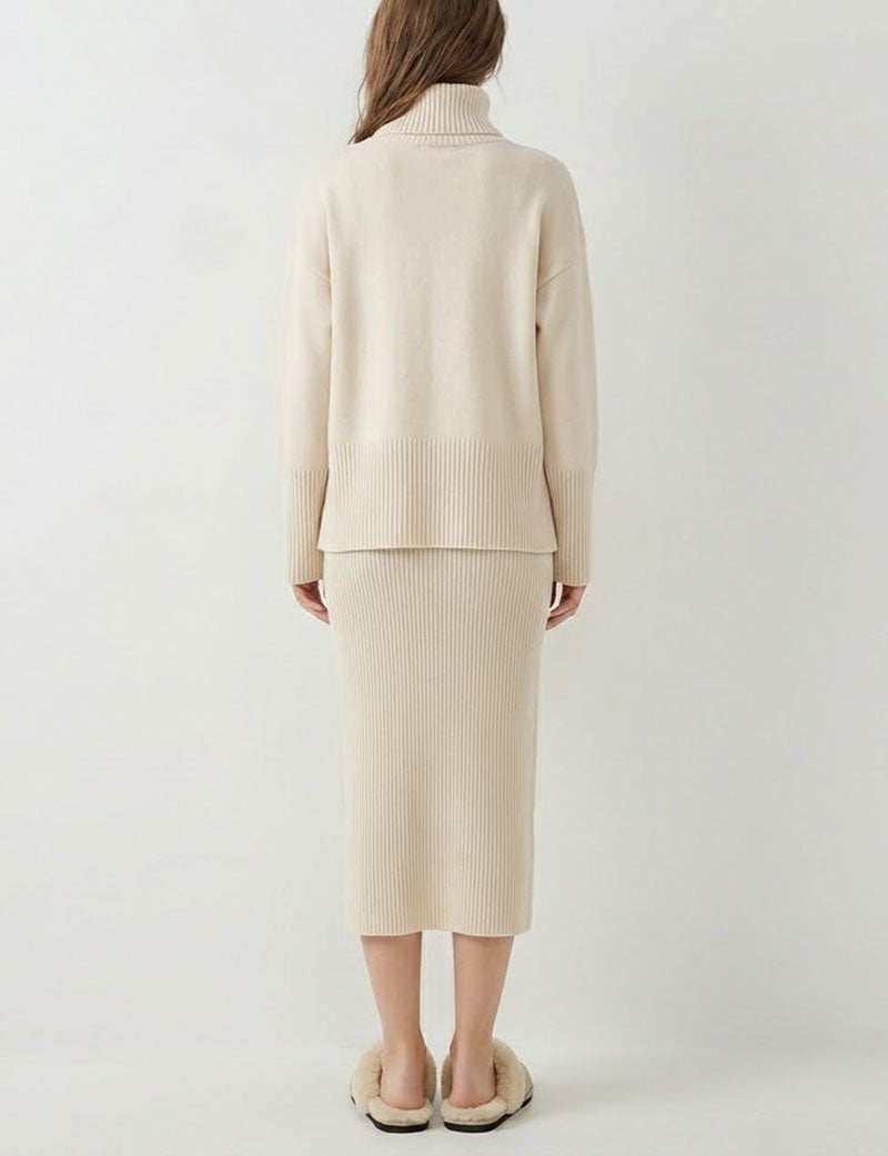 2 Pcs Elegant Knit Turtleneck Sweater Midi Skirt Set DP25H651