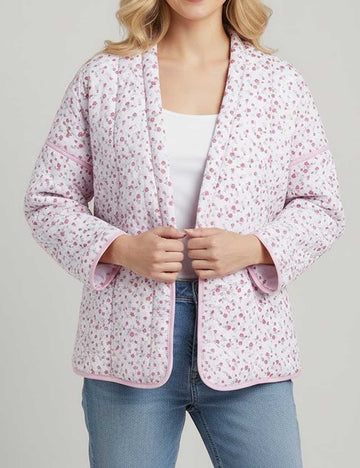 Floral Print Quilted V-Neck Tie Front Puffer Coat DP25G994