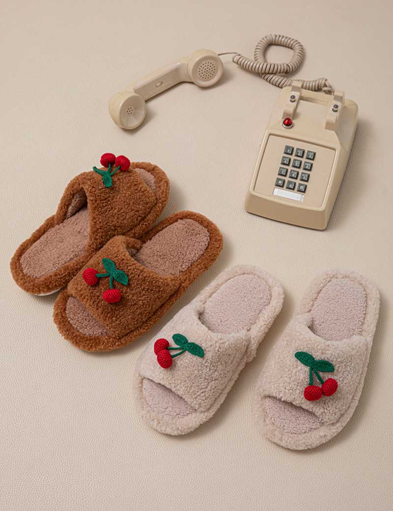 Plush Cherry Color Block Warm Slippers DP25G471
