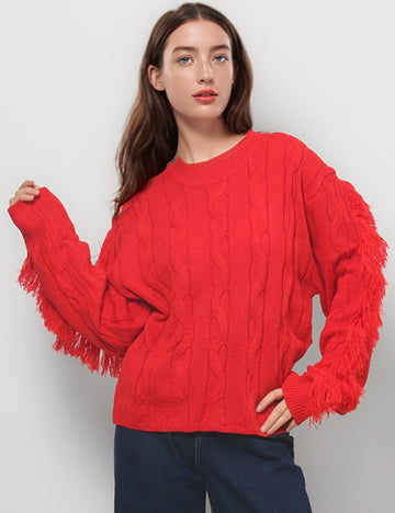 Solid Color Tassel Round Neck Short Sweater DPT4816