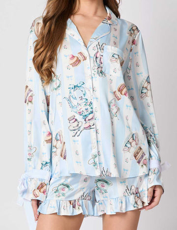 2 Pcs Cute Flower Print Satin Ruffled Pajamas Set DP25F884