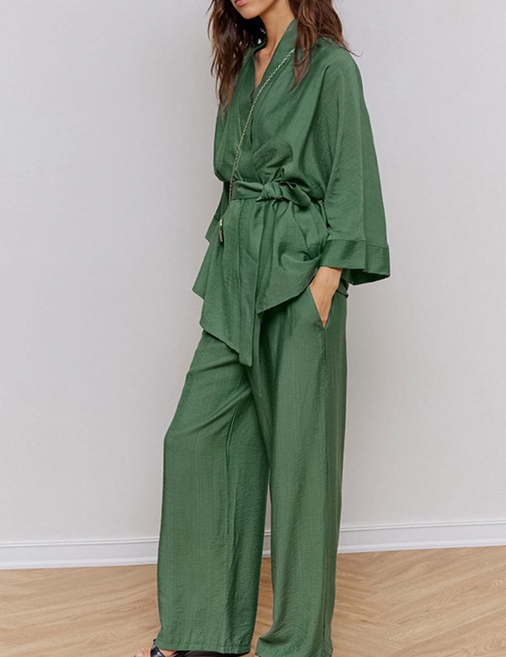 Casual Kimono Robe Pajamas Set With Belt DP25F875