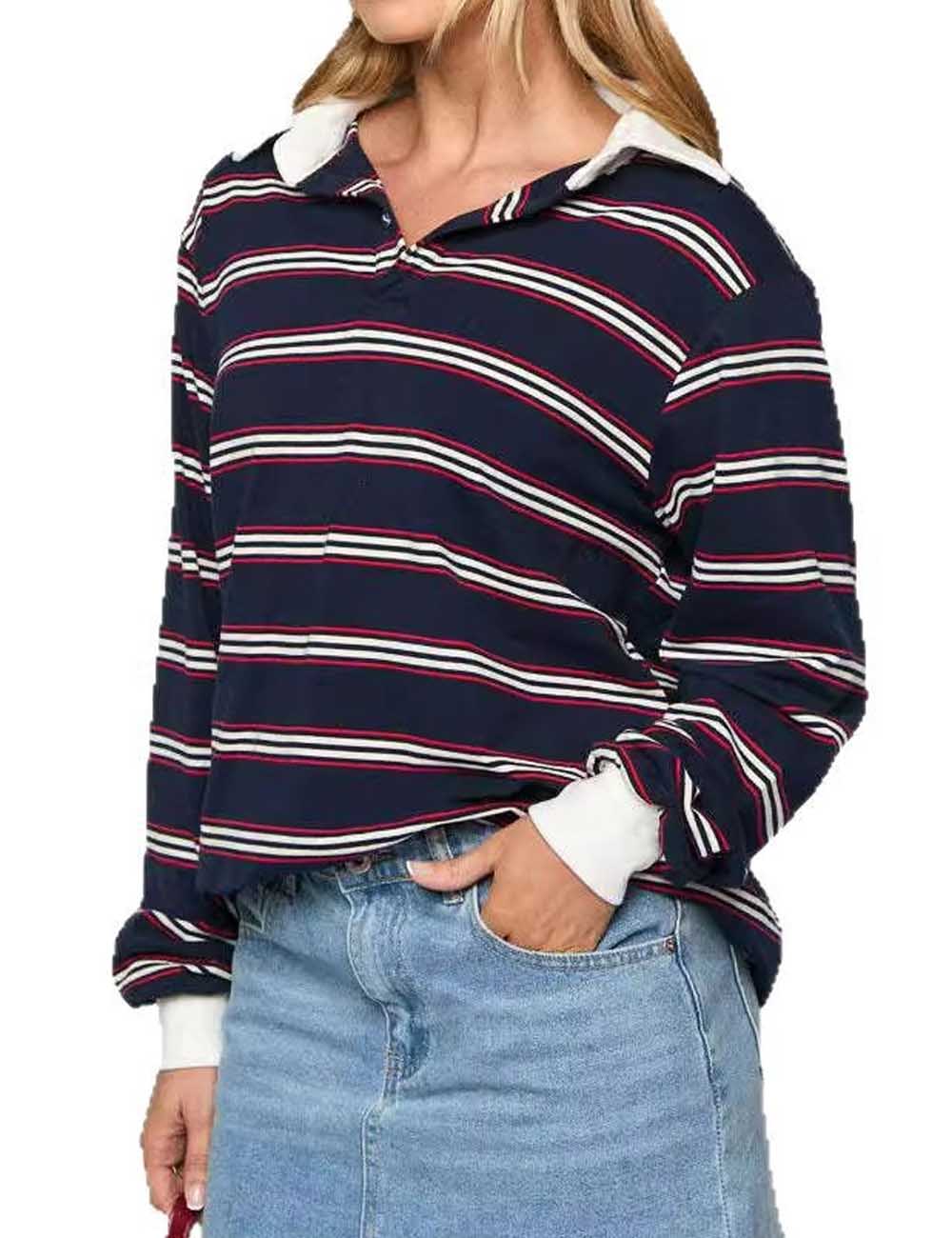 Color Block Lapel Collar Striped Pullover Top DP25F511