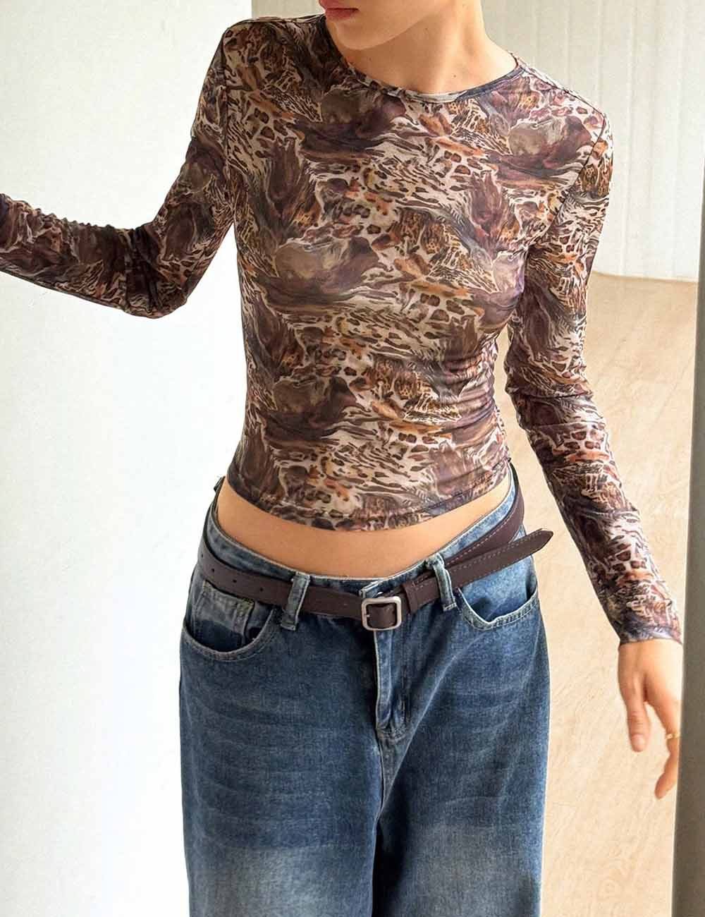 Mesh Leopard Print Round Neck Sheer Blouse DP25H401