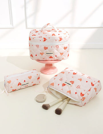Cute Heart Print Cotton Quilted Cosmetic Bag DP25H573