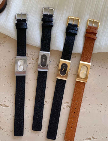 Rectangular Steel Dial Leather Strap Watch DP25F756