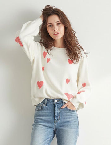 Knit Heart Embroidered Long Sleeve Sweater DP25G927