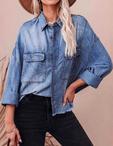 Loose Lapel Collar Long Sleeve Denim Shirt DP25E824