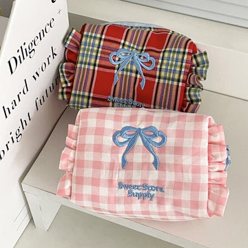 Bow Plaid Flounce Make Up Bag DP25A543