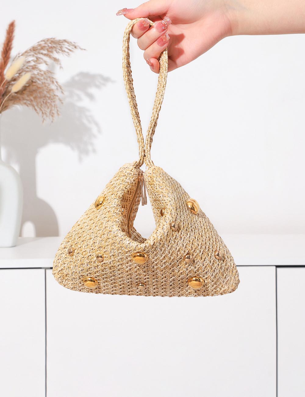 Trendy Rivet Bead Straw Evening Clutch Handbag DP25H593