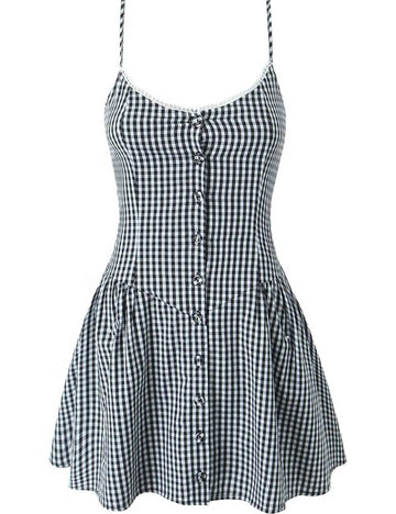 Fashion Plaid Front Button Sleeveless Mini Dresses DP25D444