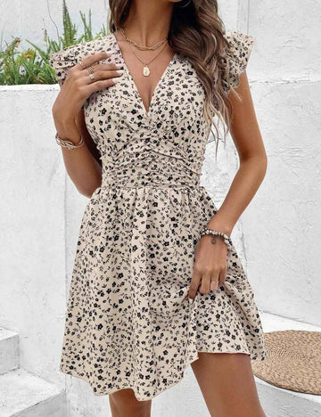 Floral Print Ruffle Cap Sleeve Midi Dress DP25D592