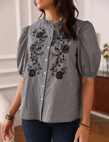 Plaid Floral Embroidered Ruffled  Shirt DP25C852