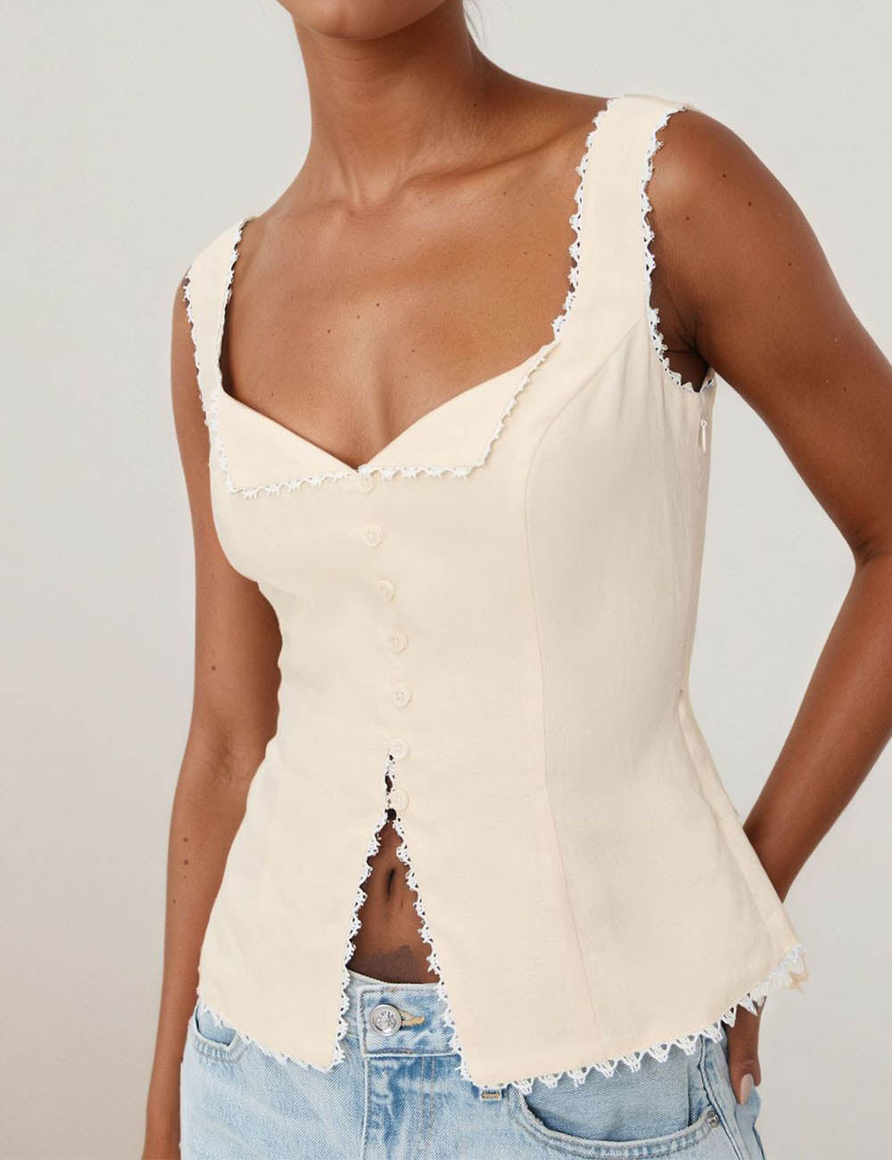 Vintage Lace Trim Button Up Sleeveless Top DP25D910