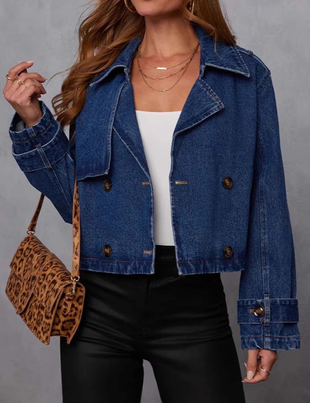 Lapel Collar Double Breasted Denim Jacket DP25E835