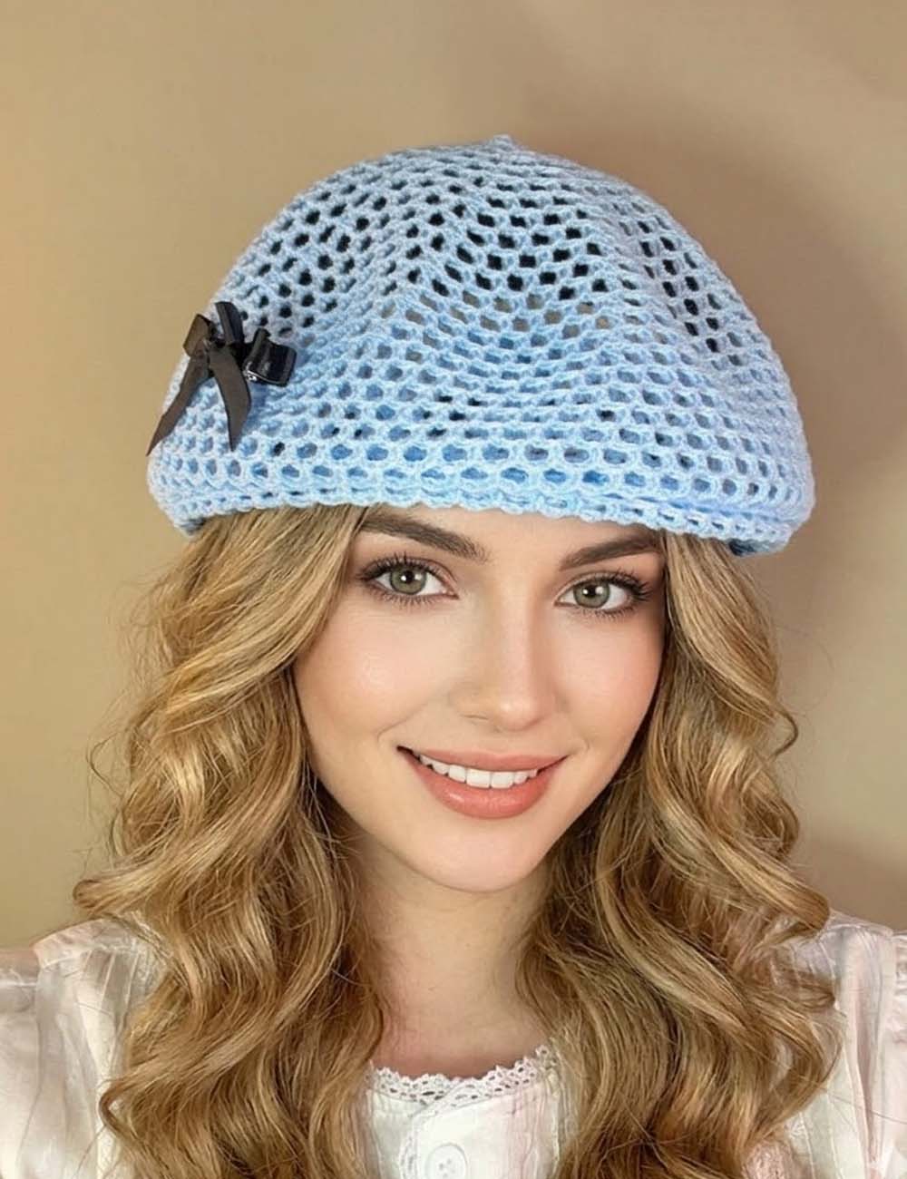Elegant Bow Knot Hollow Crochet Beanie Hat MK2CK6W6HAT60