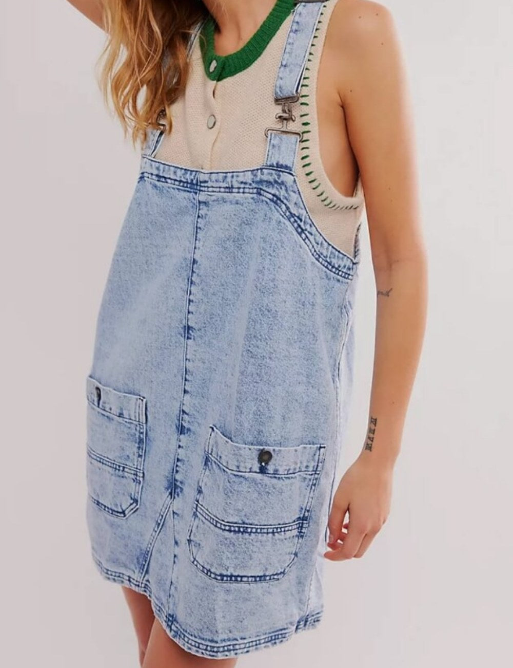 Washed Pockets Denim Mini Overalls Dress DP25B851