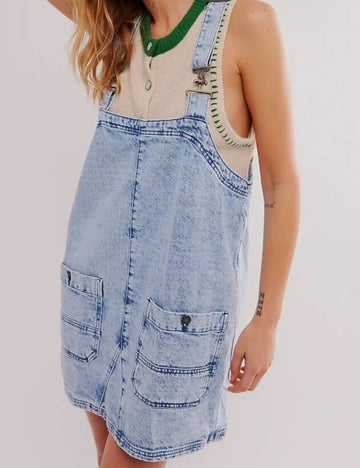 Washed Pockets Denim Mini Overalls Dress DP25B851