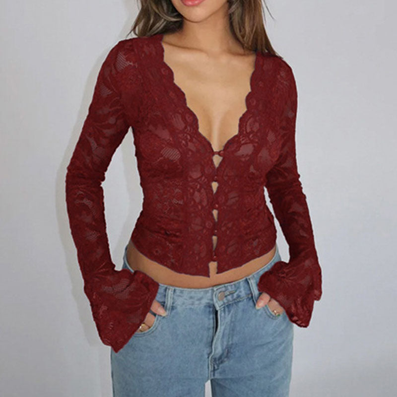 Sexy Lace Long Sleeve Blouse - DippedShop Wholesale - #3443