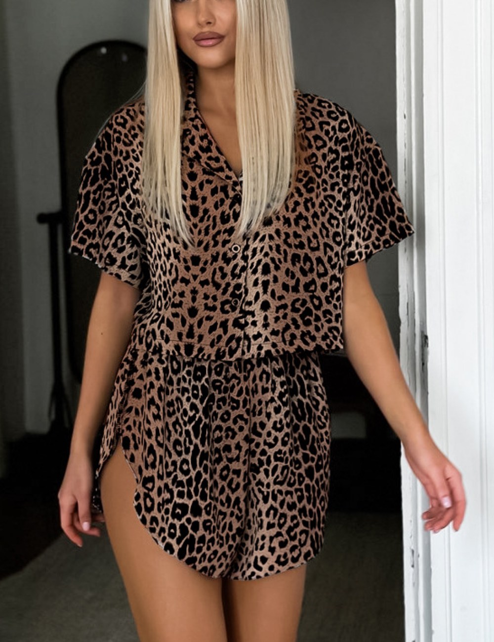Leopard Print Lapel Sleepwear Set - DippedShop Wholesale - #0035