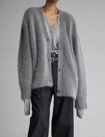 Fashion V-Neck Long Sleeve Fuzzy Knit Cardigan DP25E533