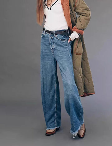 Vintage High Waist Wide Leg Frayed Jeans DP25G903