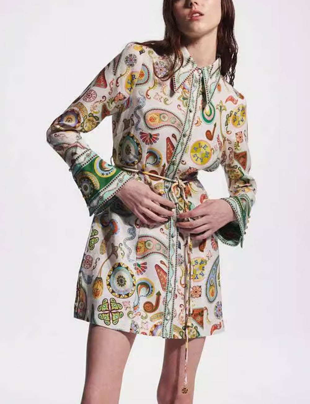 Lapel Floral Print String Waist Mini Dress DP25E661