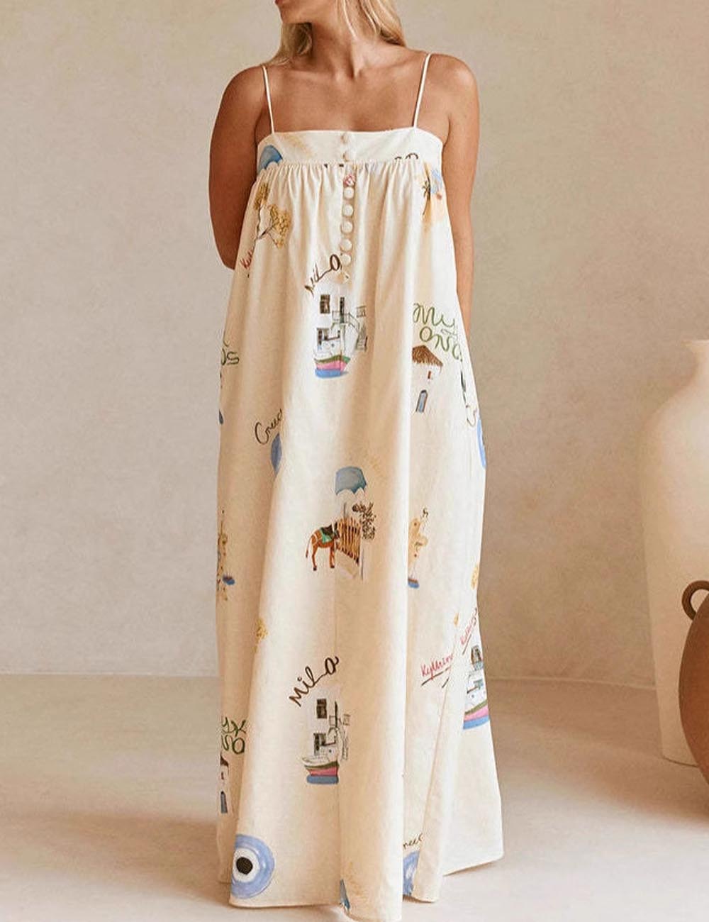 Casual Spaghetti Strap Print Beach Maxi Dress DP26I472